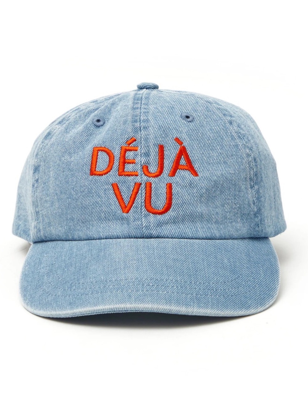 Clare V Light Wash Denim 'DÉJÀ VU' Baseball Cap Orange Red Embroidery